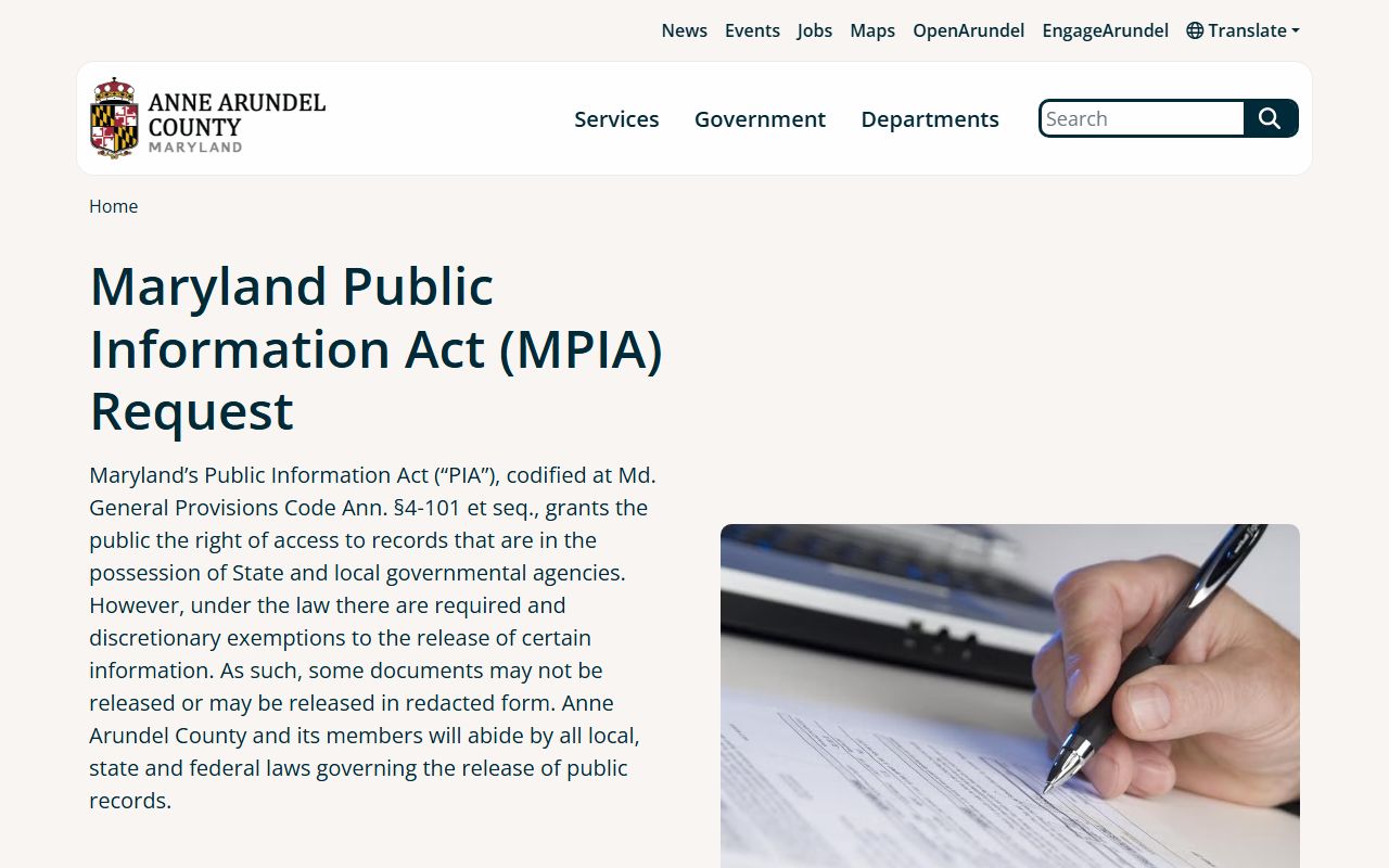 Anne Arundel County MPIA portal for released inmates records requests