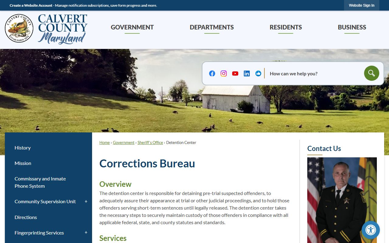 Calvert County Detention Center page for released inmates records information