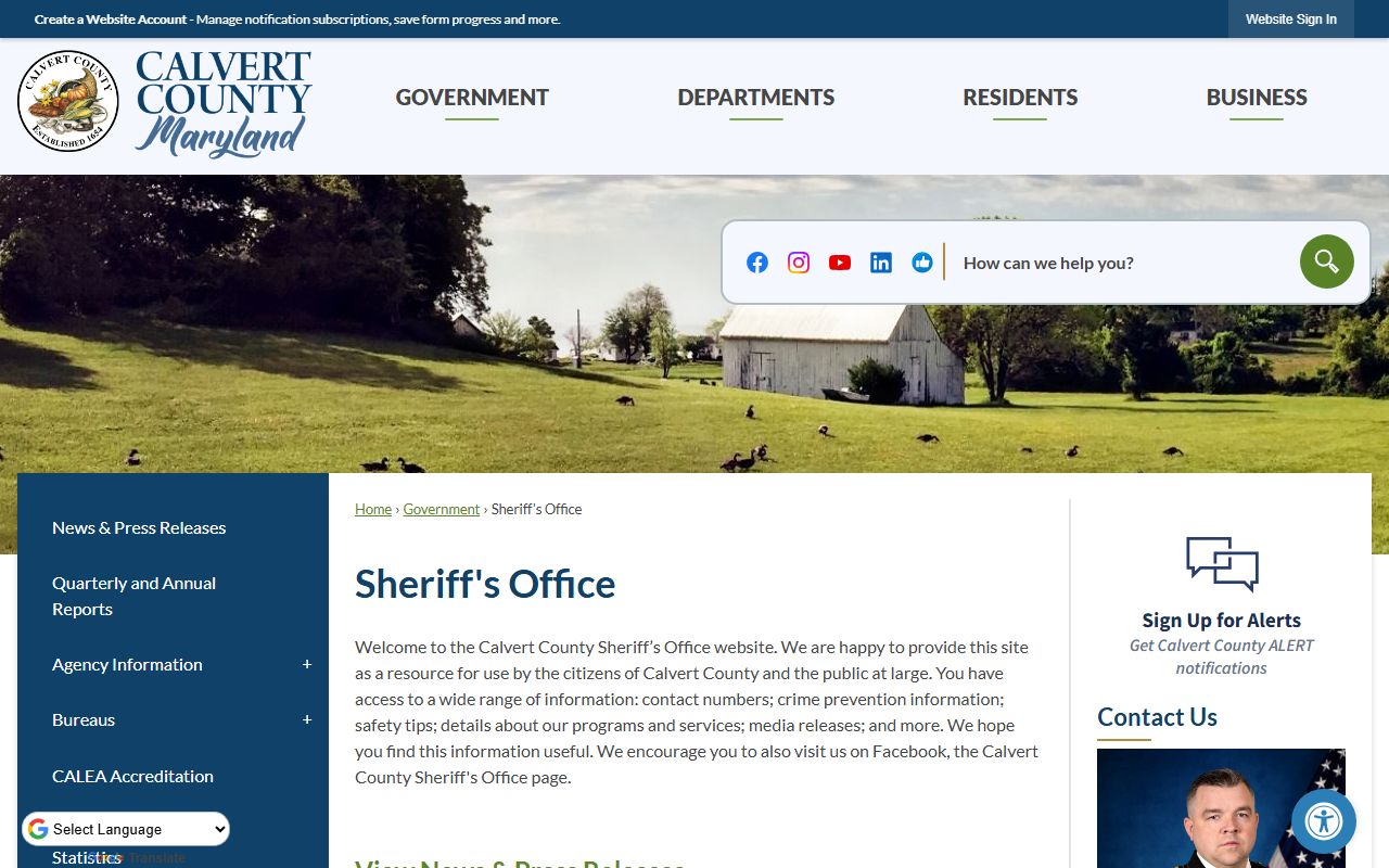 Calvert County Sheriff's Office website for released inmates inquiries