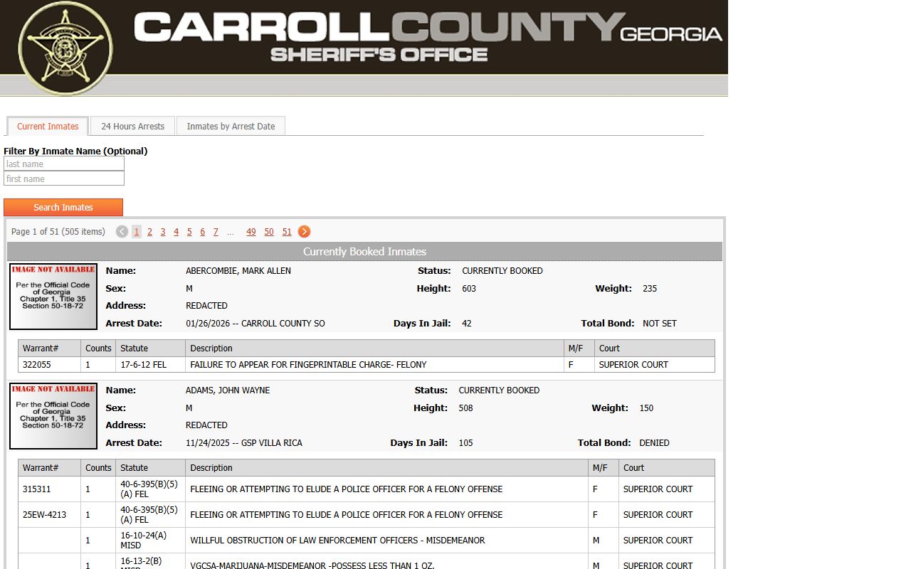 Carroll County online inmate roster showing current bookings for released inmates searches