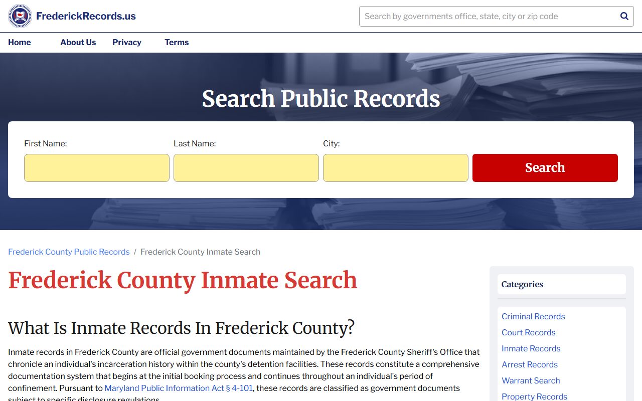 Frederick County Sheriff inmate search for Frederick released inmates records