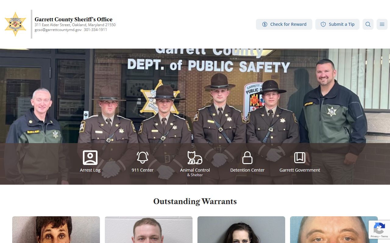 Garrett County Sheriff's Office website showing contact information for released inmates records