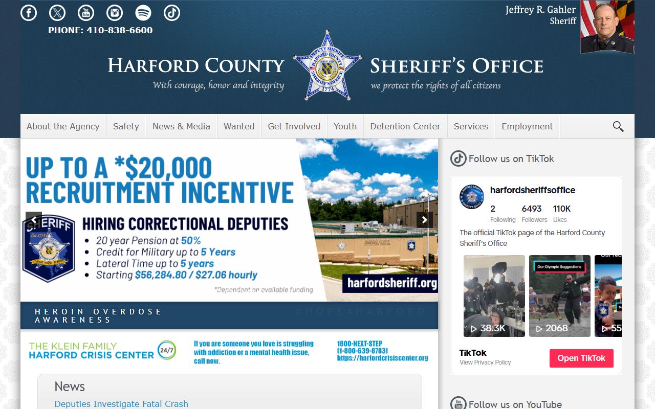 Harford County Sheriff's Office website with links to GovQuest portal for released inmates searches