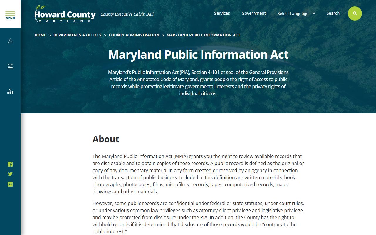 Howard County PIA portal for requesting released inmates records