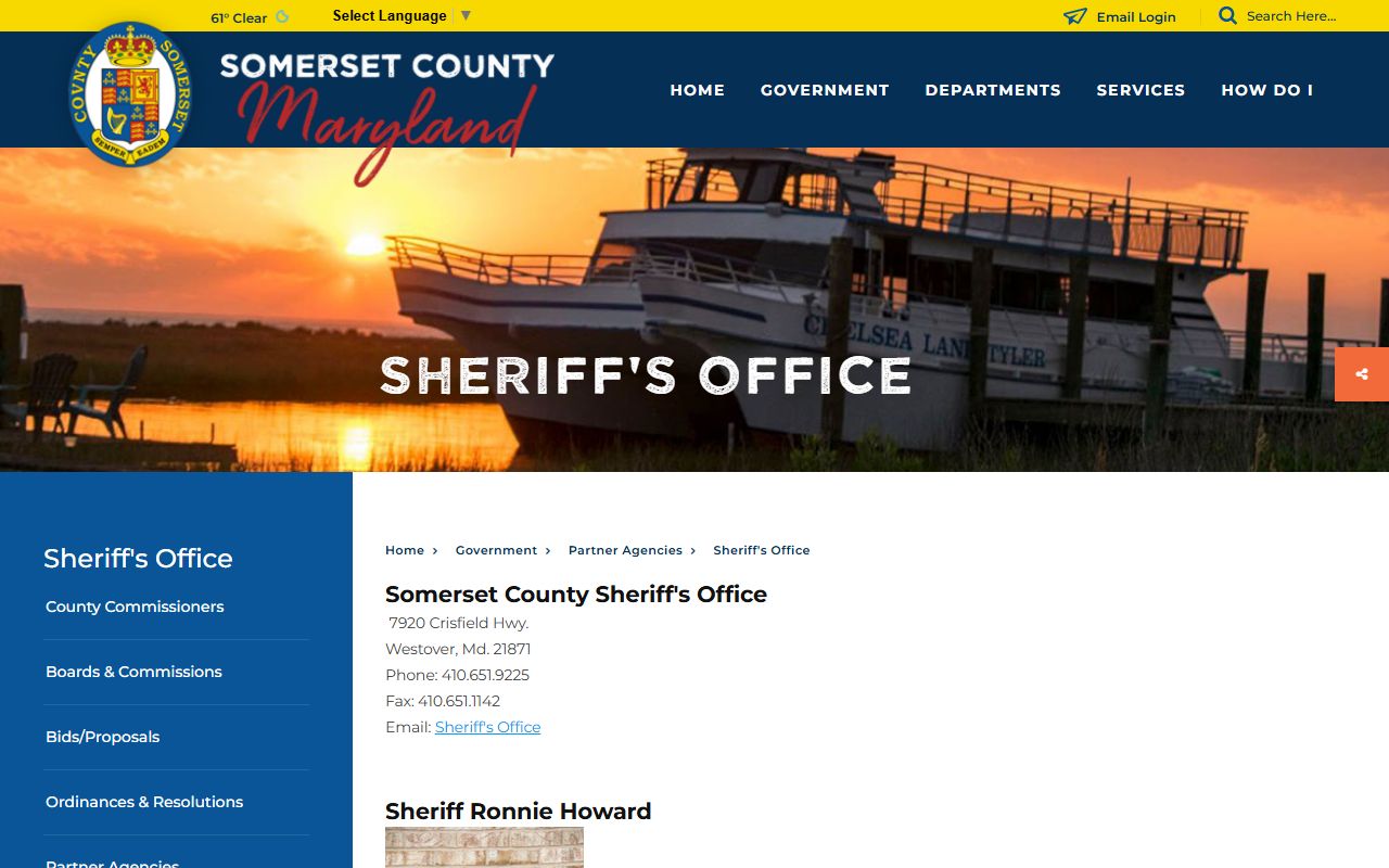 Somerset County Sheriff's Office website page with contact details for released inmates inquiries