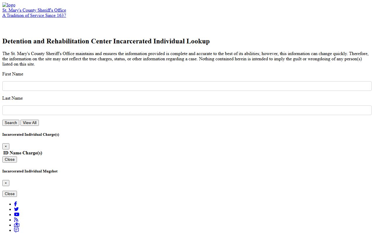 St. Mary's County Detention Center inmate lookup page for released inmates searches