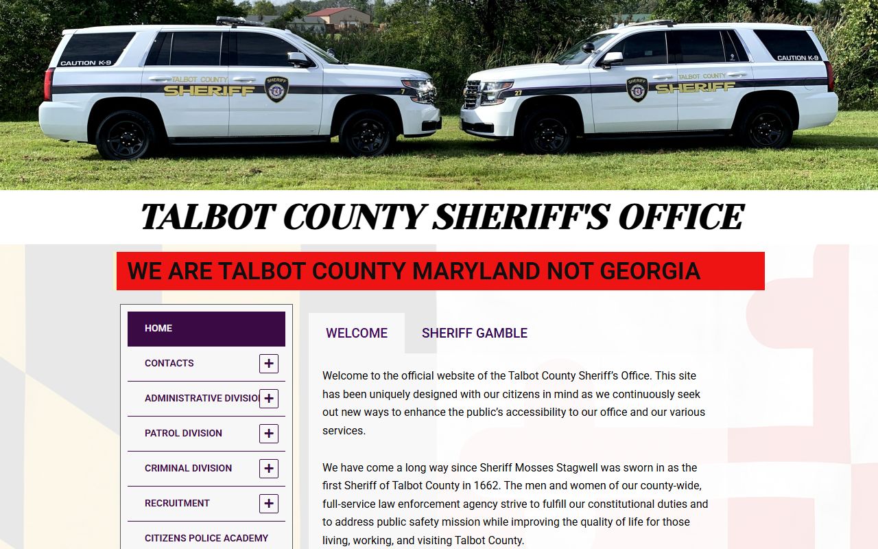 Talbot County Sheriff's Office website for released inmates inquiries and records requests