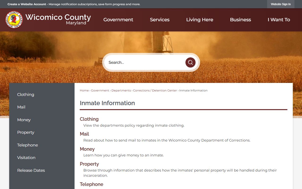Wicomico County inmate information search page for finding released inmates records