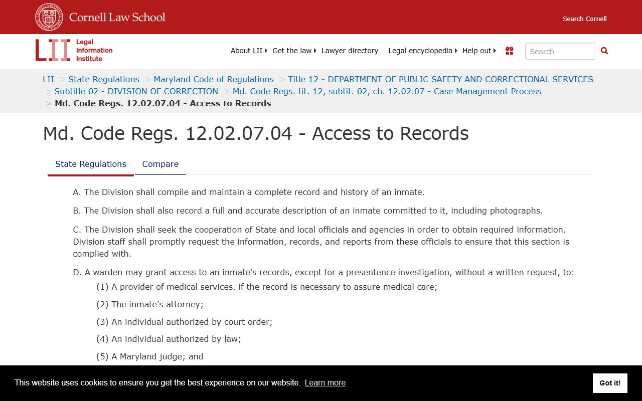 Maryland access regulations for released inmates records