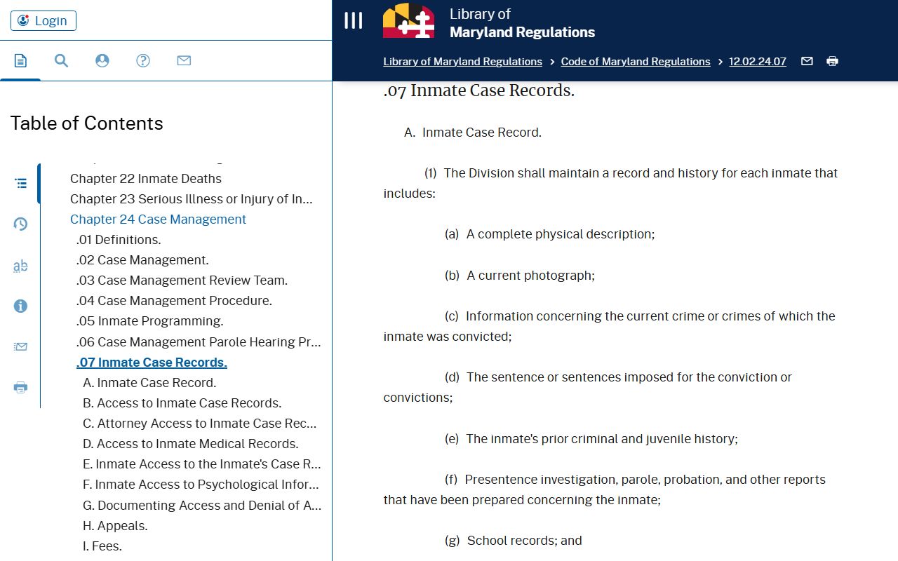 COMAR regulations governing Maryland released inmates records access