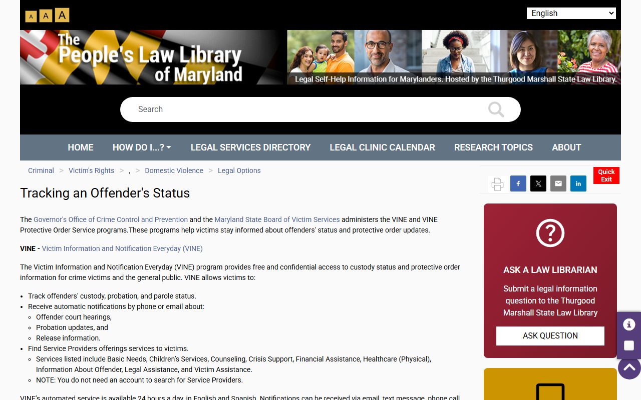 People's Law Library information about tracking released inmates in Maryland